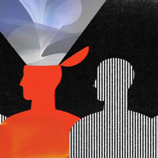 Illustration of a group of four abstract, faceless human silhouettes, with one figure highlighted in red emitting colorful light from the top of its head against a dark background, symbolizing innovative leaders.