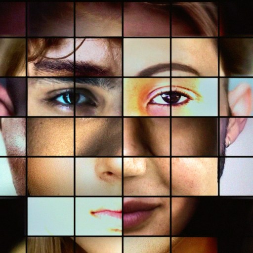 A mosaic of 36 square tiles, each showing a different fragment of various human faces, combined to create a composite image of diverse facial features.