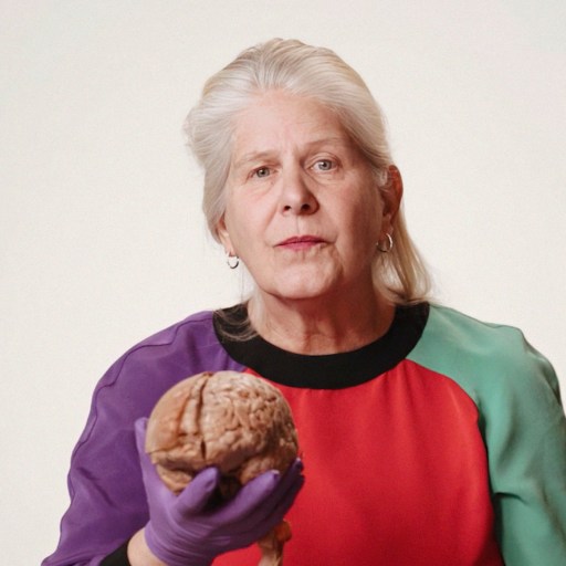A woman with grey hair, wearing a colorful sweater and purple gloves, holds a human brain.