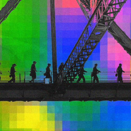 Silhouetted people walk across a bridge against a colorful, pixelated background, evoking L&D in the age of AI.