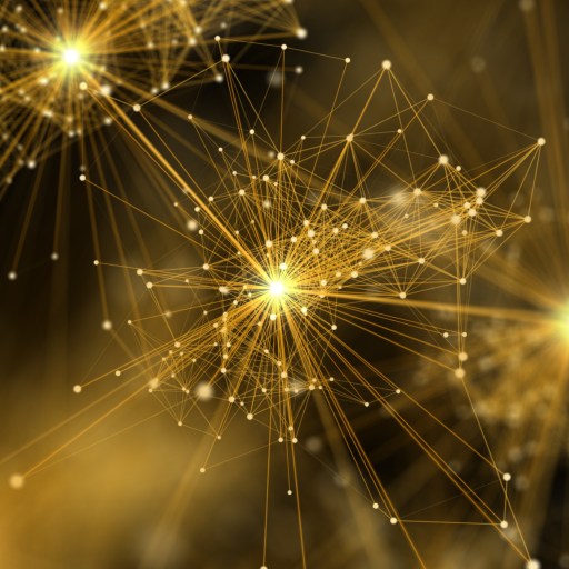 Abstract image of interconnected golden lines and nodes forming complex geometric patterns against a dark background, resembling a neural network or web.