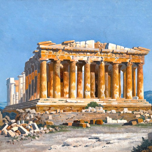 A painting of the Parthenon, an ancient temple with columns and partial ruins, under a clear blue sky. The landscape around it includes scattered stones and minimal vegetation, perfectly capturing the essence of strong presentation skills in historical artistry.