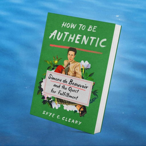 A book titled "How To Be Authentic: Simone de Beauvoir and the Quest for Fulfillment" by Skye C. Cleary, exploring the path to happiness, is displayed against a background of rippling water.