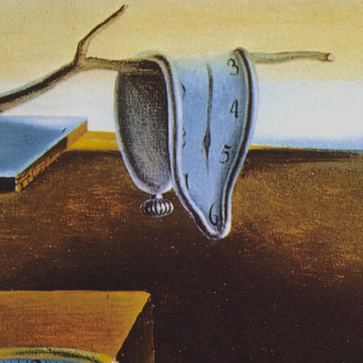 A melting clock drapes over a bare tree branch in a surreal, barren landscape with simple geometric shapes and muted colors.