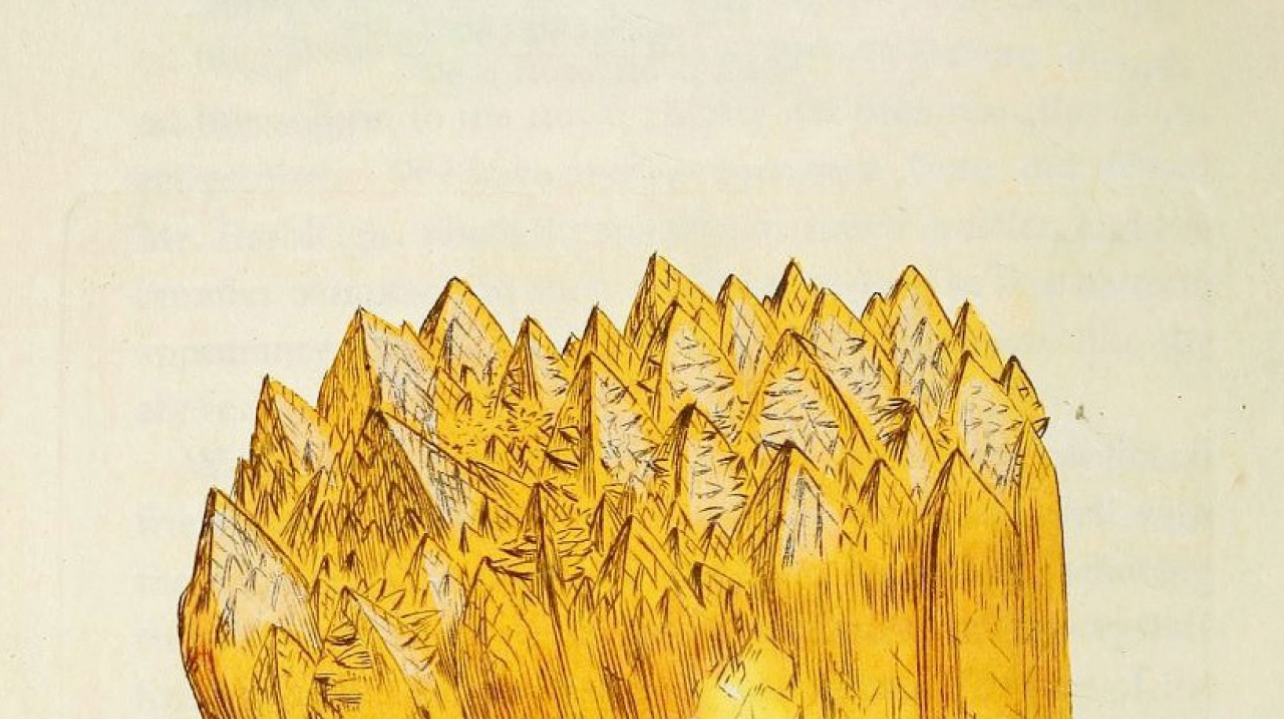 Illustration of a cluster of yellow crystal formations with pointed tips, drawn on a light, off-white background.