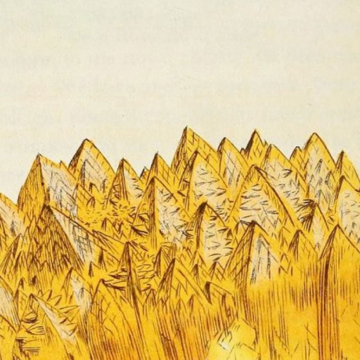 Illustration of a cluster of yellow crystal formations with pointed tips, drawn on a light, off-white background.