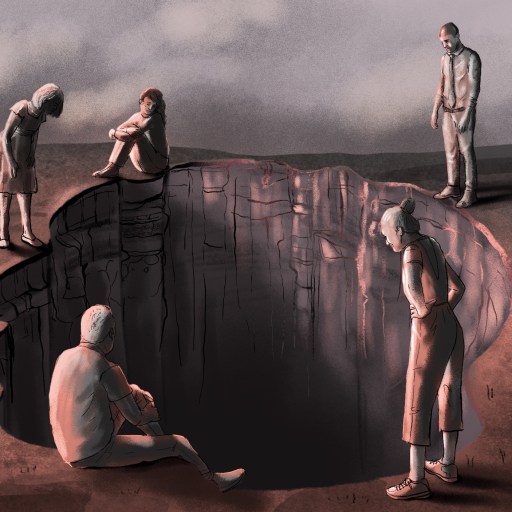 Five people stand or sit around a large, ominous hole in the ground, under a cloudy sky, reflecting on their struggles and supporting each other in raising mental health awareness.
