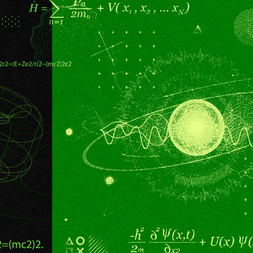 Green background with various mathematical equations and diagrams, including formulas related to quantum physics, a 3D wireframe object, and an atom-like model at the center, celebrating the International Year of Quantum Science and Technology.