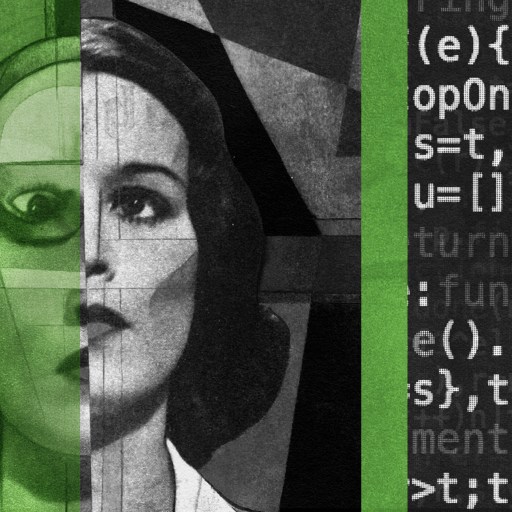 A digital collage featuring a woman's face split with computer code and abstract geometric shapes in green, black, and gray tones, representing the complexity of decision-making.