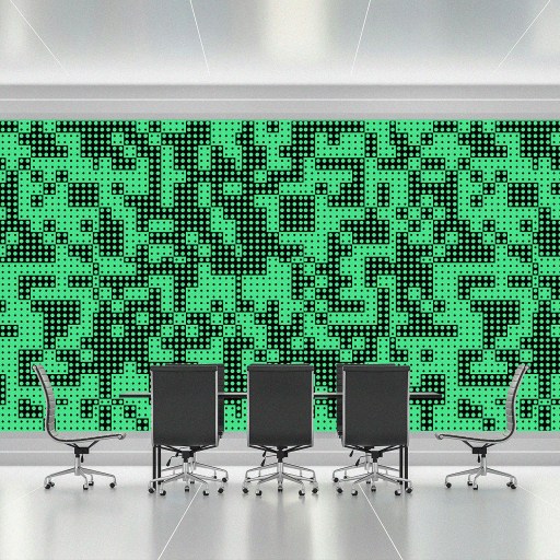 A row of four black office chairs sit in front of a large oval digital screen displaying a green matrix pattern, symbolizing AI business impact, in a modern white room.