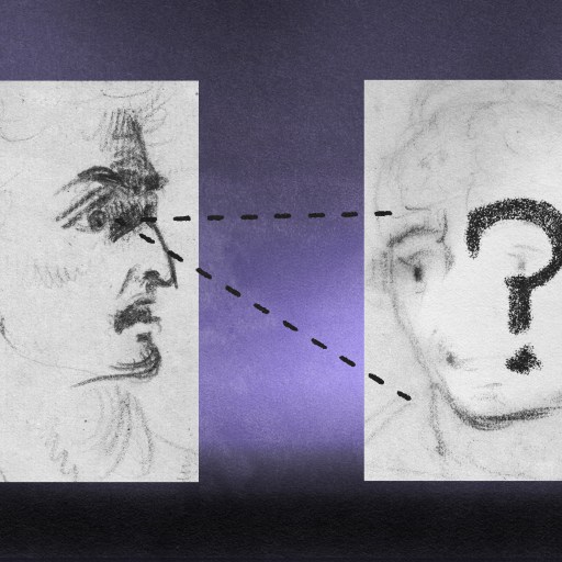 A drawing shows a person's side profile on the left, with dashed lines leading to a second drawing on the right where the facial features are replaced by a question mark, hinting at a lack of perceptivity.