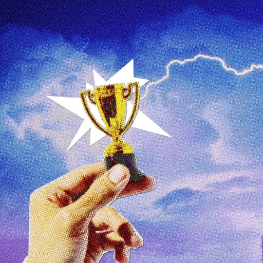 A hand holds up a small gold trophy against a dramatic sky with lightning and a burst of light, symbolizing victory when you lead with love.