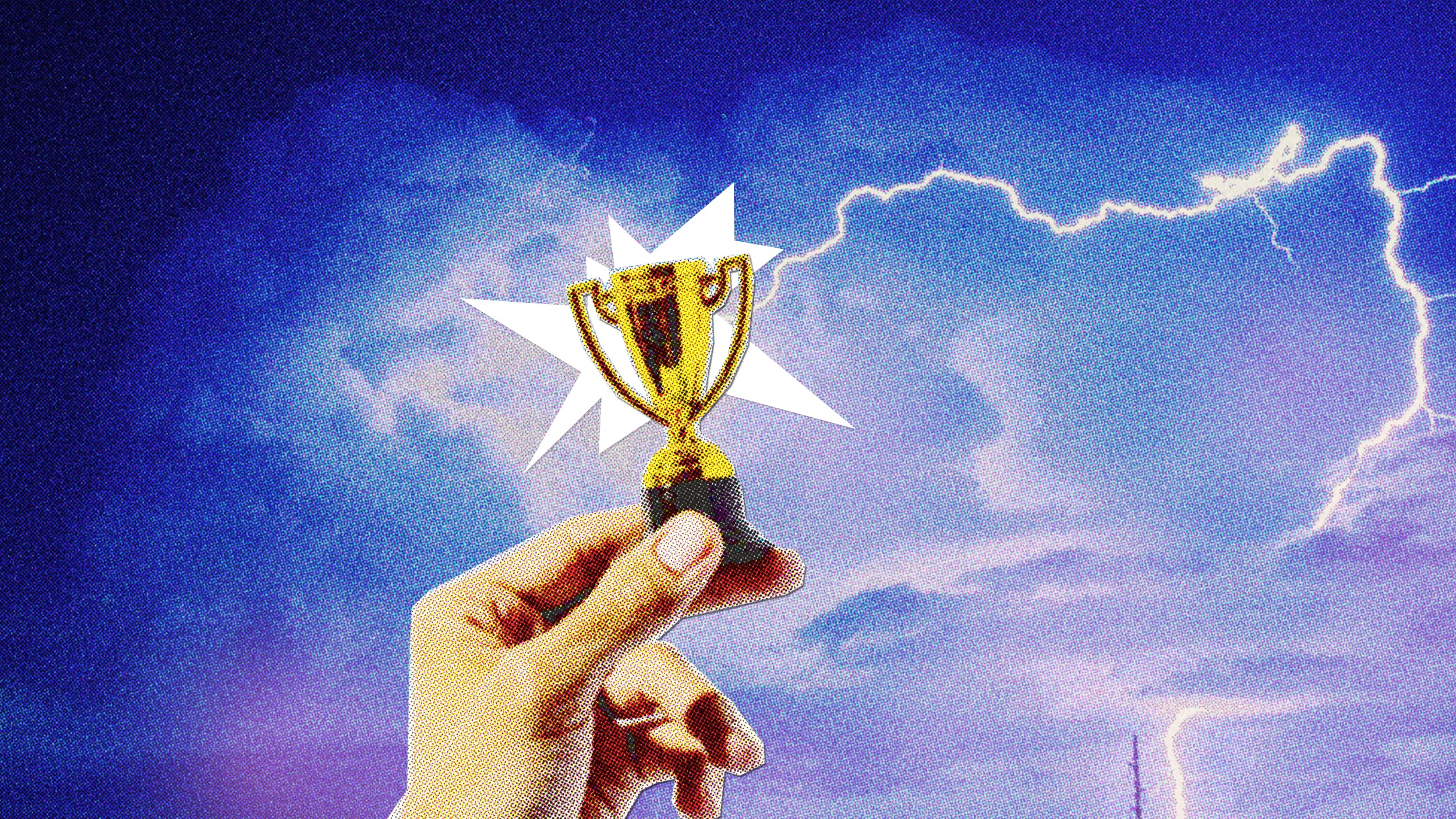 A hand holds up a small gold trophy against a dramatic sky with lightning and a burst of light, symbolizing victory when you lead with love.