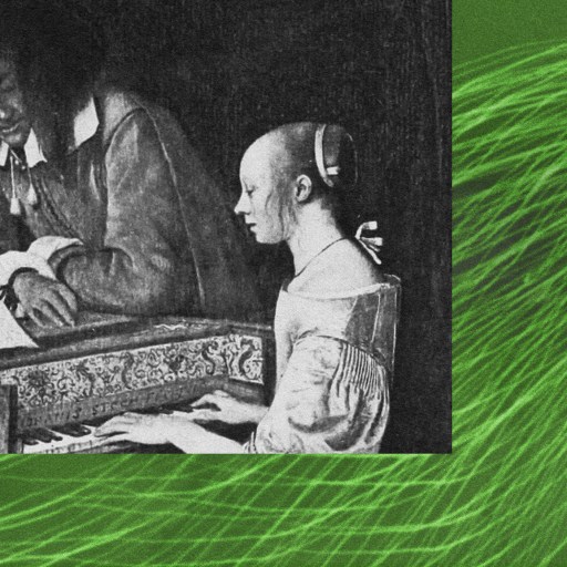 A person wearing traditional clothing skillfully plays a keyboard instrument while another person looks at a book. The background features a vibrant flowing green pattern.