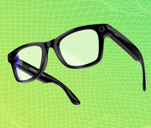 Black smart glasses with clear lenses are displayed against a green and yellow gradient background with a grid pattern.