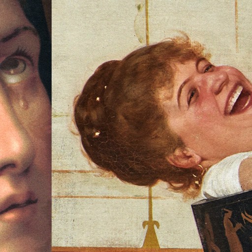 An image contrasts two emotions: the left side shows a close-up of a tearful face, while the right side depicts a woman immersed in laughter.