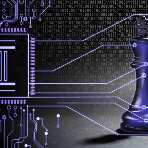 An open processor is connected by circuit lines to a black chess piece, with binary code in the background, symbolizing the intersection of technology and strategy, where every move could deceive even the sharpest minds.