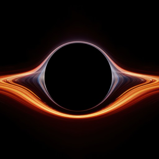 A digital rendering of a black hole with a glowing, distorted light accretion disk around its event horizon in space, set against a pitch-black background.