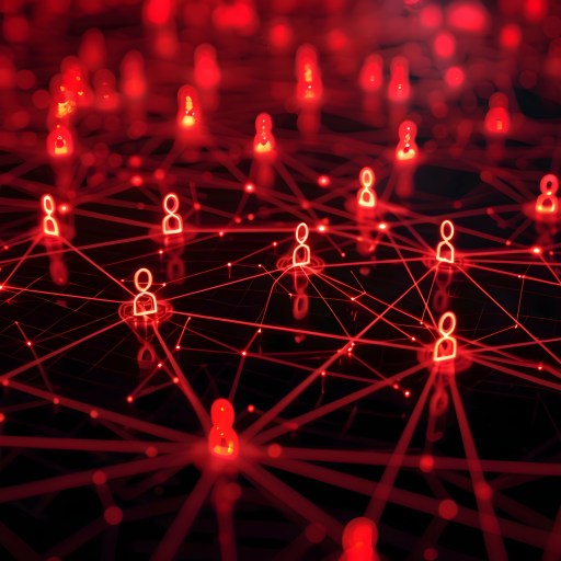 A digital network visualization with red person icons interconnected by lines symbolizes communication and connectivity. The background is dark with bright red lines forming a web-like structure, evoking the strategic mind of your inner CEO.