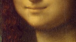 Close-up of the lower face from a classic oil painting, showing a subtle smile, cracked paint texture, and part of wavy brown hair.