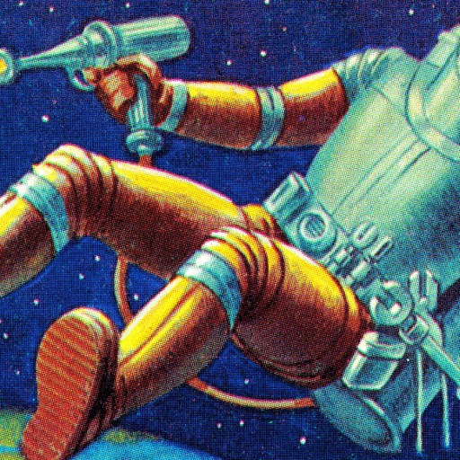 Retro illustration of an astronaut in a space suit floating in space, using a handheld thruster to maneuver, with a backdrop of stars and part of Earth visible.