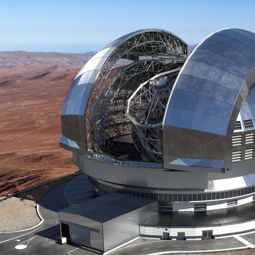 A large astronomical observatory, featuring the futuristic dome structure of an ELT, stands majestically in a desert landscape. A small red vehicle is visible near the base of the observatory.