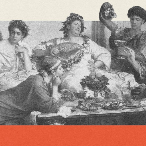 A black-and-white illustration depicts five individuals wearing robes and garlands, reclining and sitting around a table with food and drink, reminiscent of a classical or ancient feast, evoking scenes one might imagine from the time of Confucius.