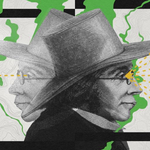 Illustration of a person wearing a hat, facing both left and right. Yellow dotted lines connect their eyes to rectangular frames, echoing the dual perspectives central to Kierkegaard's philosophy. Green splashes and line patterns form the background.