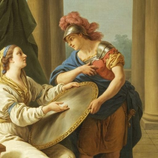 A historical painting depicts a seated woman handing a round shield to a standing man in ancient attire, with architectural pillars in the background.