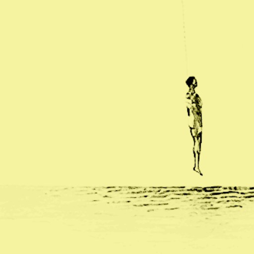 A solitary figure is suspended in midair above a textured ground, set against a yellow background.