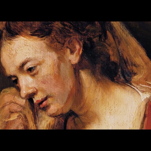 A detailed painting of a pensive young woman with brown hair, dressed in red, looking down thoughtfully, hinting at a new chapter that balances her happy moments and quiet reflections.