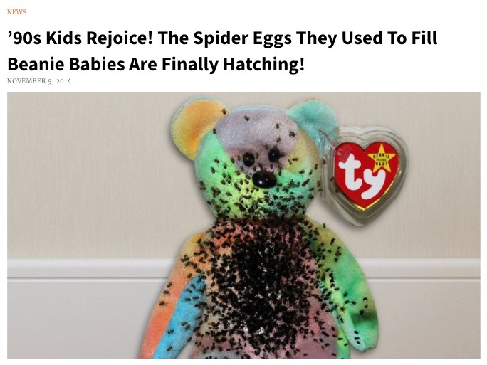 A multicolored beanie baby bear covered with small black spiders, with a tag showing "ty" logo. Satirical text above reads, "&rsquo;90s Kids Rejoice! The Spider Eggs They Used To Fill Beanie Babies Are Finally Hatching!.