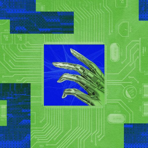 A robotic hand is centered against a blue background, surrounded by a green and blue circuit board pattern, symbolizing the intricate processes of math AI and why machines learn.