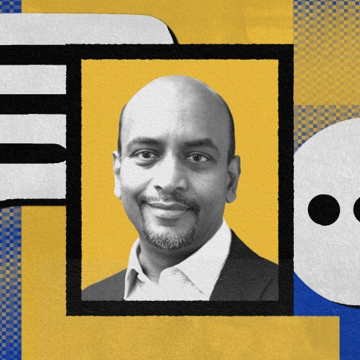 Krishna is framed by two speech bubbles, set against a textured yellow and blue background, symbolizing the integration of new wave chatbots.