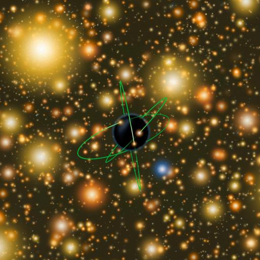 An illustration of a black hole surrounded by countless colorful stars in space, with several green lines indicating orbital paths around the black hole.