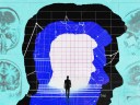 Abstract image featuring a human silhouette filled with various medical and neural diagrams, with brain scan images in the background. A small figure is walking towards the center, symbolizing the long game.