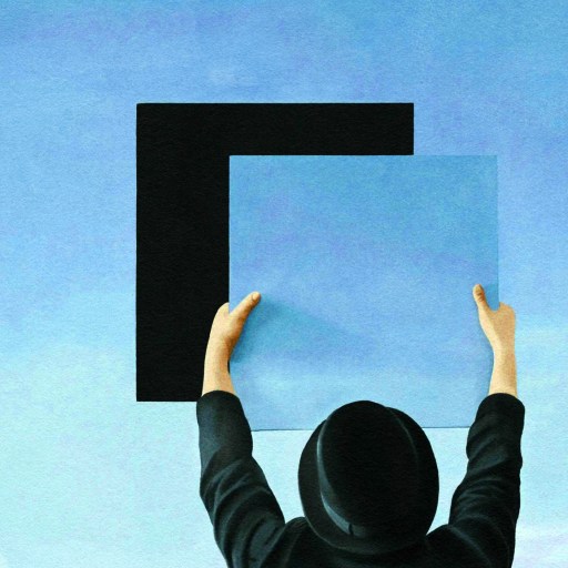 A person in a black hat and coat raises a black square and a blue square against a clear sky, symbolizing their moral ambition.
