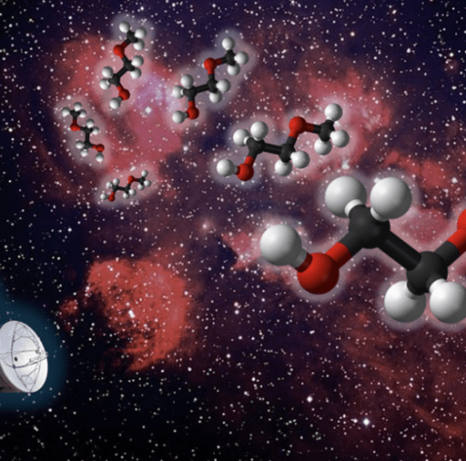 Illustration of radio telescopes detecting propylene oxide molecules in space, against a star-filled galaxy background.