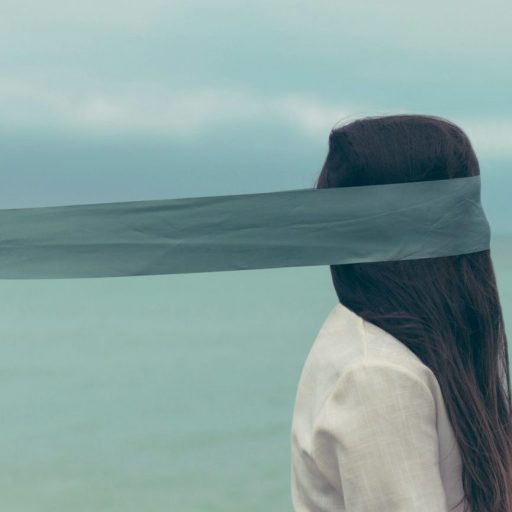 A person with long hair faces the ocean, wearing a white shirt. A sheer gray fabric is draped over their face, obscuring their eyes. The background is cloudy with a view of the sea.