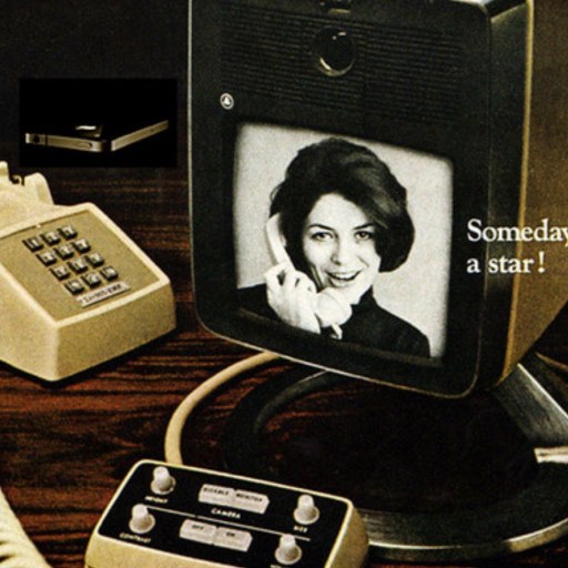 A retro scene featuring a beige rotary phone, an early video calling device displaying a woman's photo, and a control panel. The text reads, "Someday you'll be a star!.