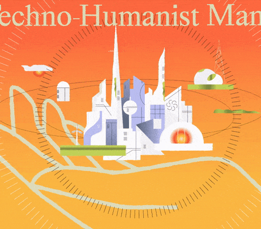 An illustration of a futuristic city cradled in a hand, set against a gradient orange background, with the title "The Techno-Humanist Manifesto" at the top.