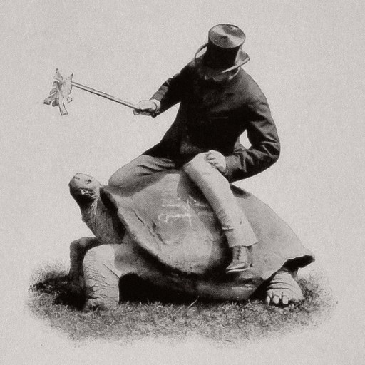A man in a suit and bowler hat sits on a large turtle, holding reins attached to the turtle's head, symbolizing a steady change in pace.