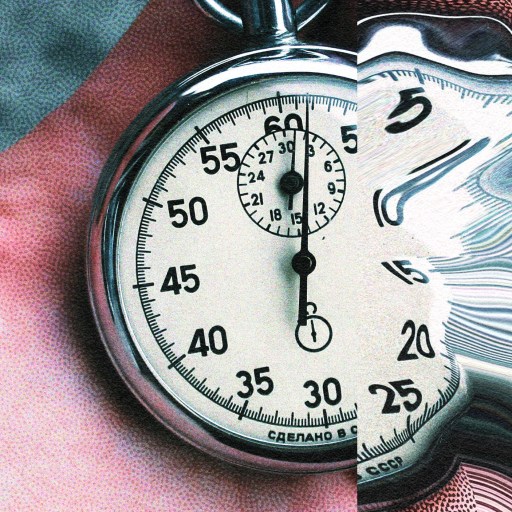 A stopwatch appears normal on the left side while the right side is digitally warped, creating a distorted, wavy effect that makes you question, "Does time exist?