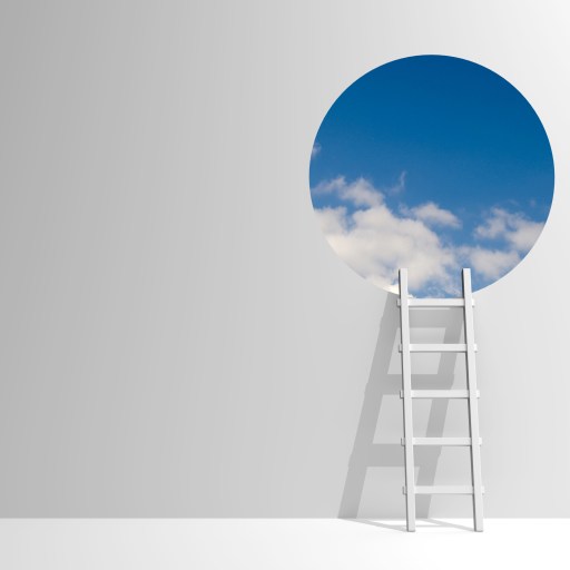 A white ladder leans against a white wall, leading up to a circular opening revealing a blue sky with scattered clouds.
