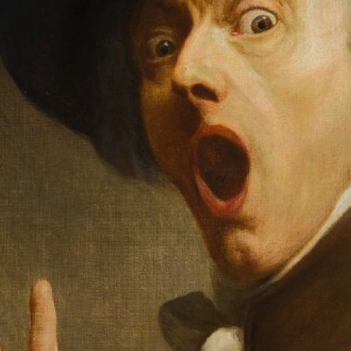 A person with white hair and a dark hat looks surprised, mouth open and eyes wide, holding up one hand with fingers spread.