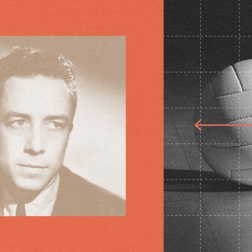 A photograph of a Albert Camus on the left and an illustration of a volleyball with arrows indicating its dimensions on the right, set against a dual-colored red and gray background, evokes a sense of alienation.