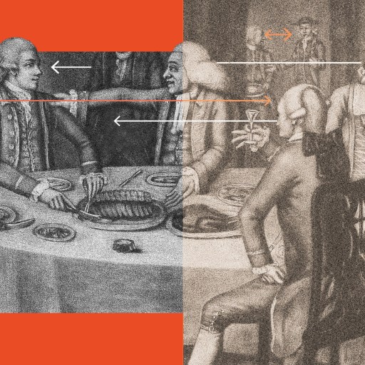Black and white illustration of people in 18th-century attire at a dining table, overlaid with red-orange borders and white arrows indicating interaction among the individuals.