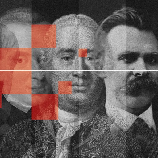 A montage of famous philosophers’ portraits next to a large question mark on the right, intersected by a horizontal arrow.