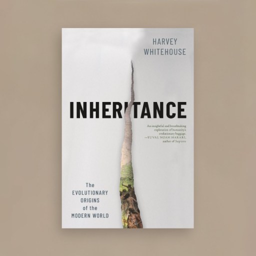 Book cover of "Inheritance" by Harvey Whitehouse. The white cover features a vertical tear revealing a stack of people on one side and a green landscape on the other. Subtext reads "The Evolutionary Origins of the Modern World.