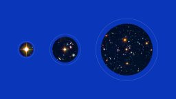 Three circles of increasing size, each containing images of distant stars and galaxies, set against a solid blue background.